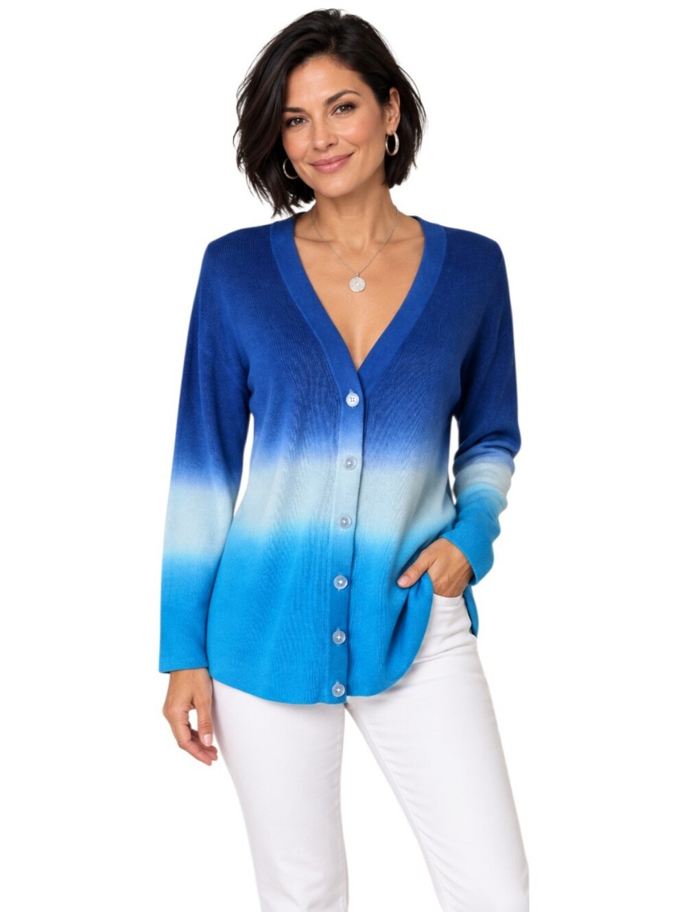 Talbots Petite Charming Collection Blue Ombre Dip Dye Cardigan Sweater LP